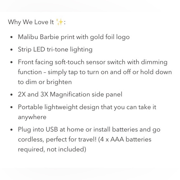 Impressions Barbie LED Makeup Mirror Tri Fold with Magnification - Picture 12 of 13